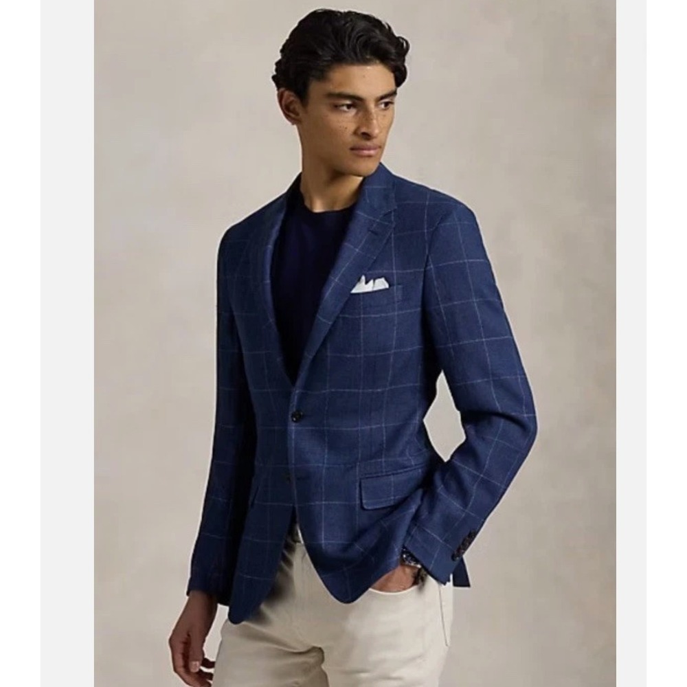 Polo Ralph Lauren Tailored Windowpane Blazer Linen Silk Sport Coat Navy Grey 42R